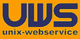 Logo mit blauen Buchstaben "UWS" und Text "unix-webservice" auf orangefarbenem Hintergrund.