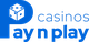 Blauw logo met tekst: "Pay n Play casinos" en een dobbelsteen in de letter "P".