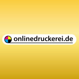 Gelbes Logo mit "onlinedruckerei.de" Text und Druckersymbol in Cyan, Magenta, Gelb, Schwarz.