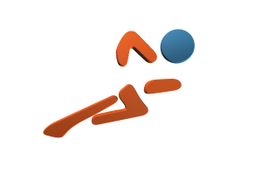 Piktogramm einer laufenden Figur mit blauem Kopf und orangem Körper auf weißem Hintergrund.