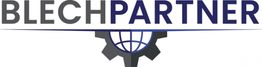 Logo mit Schriftzug "Blechpartner" und einem Zahnrad, das eine Weltkugel umrahmt.