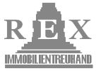 Logo von REX Immobilientreuhand, graue Schrift mit Gebäudesilhouette im Hintergrund.