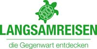 Grünes Logo mit Schildkröte, Text: "LANGSAMREISEN, die Gegenwart entdecken".