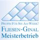 Logo von Fliesen-Ginal Meisterbetrieb mit Slogan "Profis für Sie am Werk!" und Fliesenmotiv.