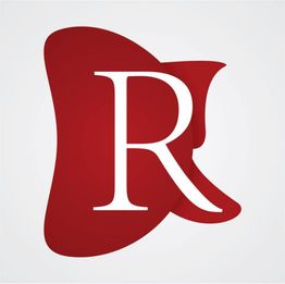 Letra "R" estilizada em vermelho e branco sobre fundo cinza claro.