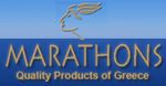 Logo mit Schrift "MARATHONS Quality Products of Greece" und griechischem Profilbild darüber.