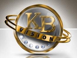 Goldenes KB Vision-Logo mit kreisförmigem Design und Edelsteinen auf grauem Hintergrund.