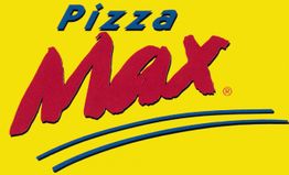 Gelbes Logo mit rotem Schriftzug "Max" und blauem "Pizza" darüber, zwei blaue Linien darunter.