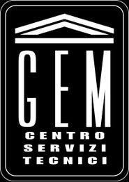 Logo in bianco e nero con la scritta "GEM Centro Servizi Tecnici" e un tetto stilizzato.