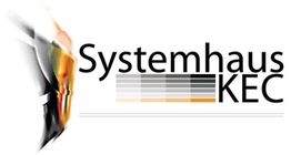 Logo des Systemhauses KEC mit grafischen Elementen in Schwarz, Grau und Orange.