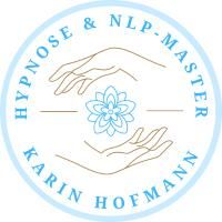Zwei Hände mit einer Blume dazwischen, umgeben von Text: "Hypnose & NLP-Master Karin Hofmann".