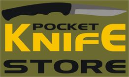 Grafik mit Text "Pocket Knife Store" und Abbildung eines Messers auf olivgrünem Hintergrund.