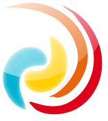 Buntes, abstraktes Logo mit geschwungenen Formen in Blau, Gelb, Orange und Rot.