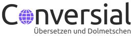 Logo: "Conversial" mit Globus-Buchstabe und Text "Übersetzen und Dolmetschen" darunter.