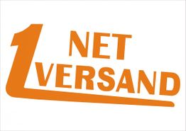 Orange Schriftzug „1 NET VERSAND“ auf weißem Hintergrund.