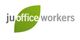 Logo mit Schriftzug "ju office workers" und grünem Blatt im Hintergrund.