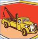 Illustration of a vintage tow truck with a hook on a red background and shield shape.