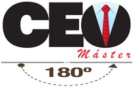 Texto "CEO Máster" con corbata roja y gráfico de rotación de 180 grados debajo.