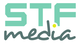 Text-Logo: "STF media" in mintgrün und grau mit einem gelben Punkt über dem "i".