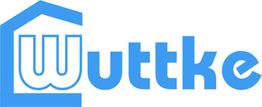 Blaues Logo mit dem Text "Wuttke" und einem stilisierten Haus über dem Buchstaben "W".