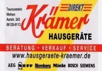 Visitenkarte von Krämer Hausgeräte mit Logo, Adresse und Webseite. Marken: AEG, Miele, Bosch.