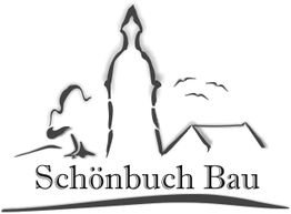 Logo von "Schönbuch Bau" mit Baum, Gebäude, Haus und drei Vögeln im Umriss.