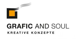 Logo mit Text "Grafic and Soul", darunter "Kreative Konzepte", daneben schwarzes Quadrat mit gelbem Feld.