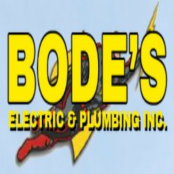 Bode's Electric & Plumbing Inc. logo with text over a stylized lightning bolt background.