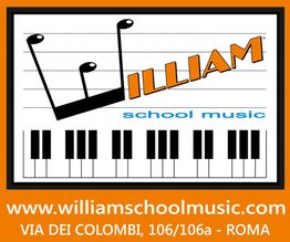 Logo della William School Music a Roma, con pentagramma e tastiera stilizzata.