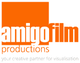 Das Logo von Amigo Film mit orangefarbenem Quadrat und Text "productions" und Slogan unten.