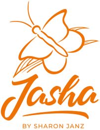 Schmetterling-Skizze in Orange mit Text "Jasha" und "BY SHARON JANZ" darunter.
