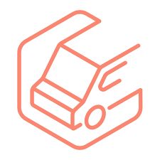 Rotes, geometrisches Symbol, das ein stilisiertes Auto in einer offenen Box darstellt.