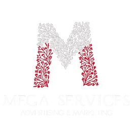 Letter "M" with intricate floral design, red and white. Text below: "MEGA SERVICES."