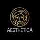 Golden female face line art with "AESTHETICA" text below on a black background.