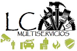 Logo de LC Multiservicios con herramientas y símbolos de servicios diversos en la parte inferior.