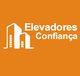 Logotipo com texto "Elevadores Confiança" em fundo laranja ao lado de desenho de prédios brancos.