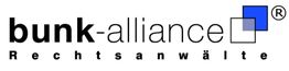 Logo von Bunk-Alliance Rechtsanwälte mit blauen und grauen Quadraten.
