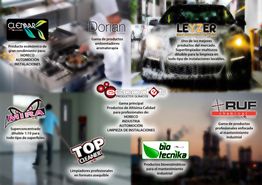 Collage de productos de limpieza y mantenimiento industrial con diversas marcas y descripciones.
