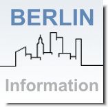 Silhouette der Skyline Berlins mit "Berlin Information" in Blau und Grau.