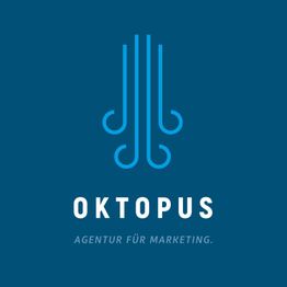 Blaues Logo mit stilisiertem Oktopus und Text: "Oktopus, Agentur für Marketing".