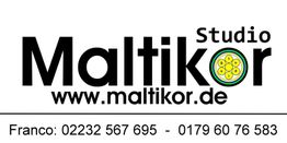 Studio Maltikor-Logo mit Webseite und Telefonnummern. Buchstabe "o" zeigt gelbe Kreise im Kreis.