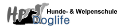 Logo der HP Hundeschule mit Silhouetten von Hunden und dem Wort "Doglife".