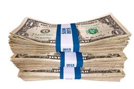 Stacks of US one-dollar bills secured with blue bands labeled "$100".