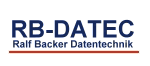 Logo "RB-DATEC" mit Text "Ralf Backer Datentechnik" darunter, blaue Schrift, rote Linie.