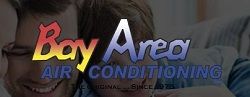 "Bay Area Air Conditioning logo with a colorful text design overlaying a smiling person."