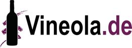 Logo mit Flaschen-Silhouette und Text "Vineola.de" in Schwarz und Lila.