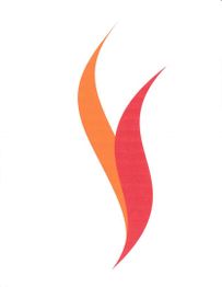 Abstract orange and red flame-shaped curves on a white background.