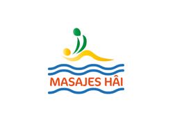 Dos figuras de masaje sobre olas azules, texto "Masajes Hái" en rojo.