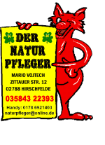 Roter Cartoon-Fuchs hält Schild mit Kontaktinfos von "Der Naturpfleger" in gelb und grün.