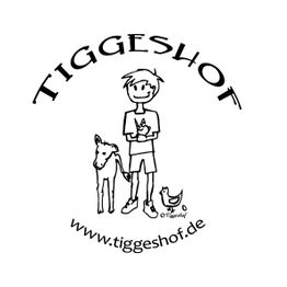Strichzeichnung: Junge mit Hund und Huhn, Schriftzug "Tiggeshof", Website "www.tiggeshof.de".